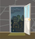 Opened door. From inside of room at home. Night view on town. Stone wall. Way is open. Cartoon style. Vector Royalty Free Stock Photo