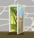 Opened door. From inside of room at home. Summer forest landscape view. stone wall. Way is open. Cartoon cute fairy tale Royalty Free Stock Photo