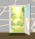 Opened door. From inside of room at home. Summer hiil landscape view. Stone wall. Way is open. Cartoon cute fairy tale Royalty Free Stock Photo