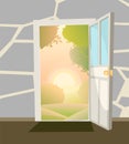 Opened door. From inside of room at home. Summer rural landscape view. Stone wall. Way is open. Cartoon cute fairy tale Royalty Free Stock Photo