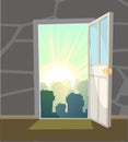 Opened door. From inside of room at home. Summer town landscape view. Stone wall. Way is open. Cartoon cute fairy tale Royalty Free Stock Photo