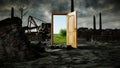 Opened door. A portal between nature and ecological catastrophe, apocalypse. 3d rendering. Royalty Free Stock Photo