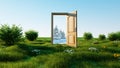 Opened door. A portal winter to summer, Change of seasons concept. Transition. 3d rendering. Royalty Free Stock Photo