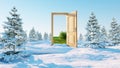 Opened door. A portal winter to summer, Change of seasons concept. Transition. 3d rendering. Royalty Free Stock Photo