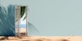 Opened door at the sand beach with sea view and empty wall background. Summer vacation concept.