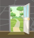 Opened door. View from inside from room of house to summer country landscape with road. Stone wall. Way is open. Cartoon