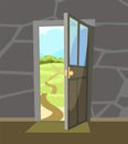 Opened door. View from inside from room of house to summer rural landscape with road. Stone wall. Way is open. Cartoon
