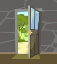 Opened door. View from inside from room of house to summer tree landscape with road. Stone wall. Way is open. Cartoon