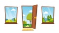 Open Door And Windows Vector. Cartoon Landscape. Front View. Home Interior. Flat Isolated Illustration. Royalty Free Stock Photo