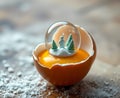 Opened egg revealing a tiny snow globe swirling above the yolk Royalty Free Stock Photo