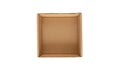 Opened empty brown flat square cardboard box top view isolated on white