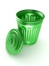 Opened and empty green trash bin over a white