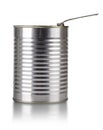 Opened empty iron chrome tin can on a white background. Aluminum trash on insulation Royalty Free Stock Photo