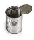 Opened empty iron chrome tin can on a white background. Aluminum trash on insulation Royalty Free Stock Photo