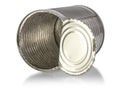 Opened empty iron chrome tin can on a white background. Aluminum trash on insulation Royalty Free Stock Photo