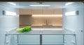 Opened empty refrigerator with a single fresh lettuce head on a glass shelf in a modern kitchen Royalty Free Stock Photo