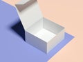 Opened empty white cardboard box on multicolour background, 3d rendering.