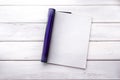 The Opened empty white mock up magazine page on white wooden tab Royalty Free Stock Photo