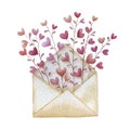 Opened envelope with branches of heart flowers. Love letter for Valentines day