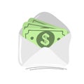 Opened envelope with cash money. Dollar bills in paper envelope. Banknotes sending by mail