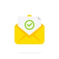 Opened envelope and document with green check mark icon. Approved tick marker, mail sent successfully, e-mail delivery,