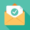 Opened envelope and document with green check mark line icon. Official confirmation message, mail sent successfully Royalty Free Stock Photo