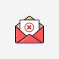 Opened envelope and document with red x mark line icon. Message was not sent, error, e-mail delivery failed, remove