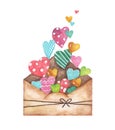 Opened envelope and many cute hearts, Love Letter Hearts Romance. watercolor illustration isolated on white background