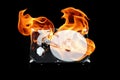 Opened external hard drive on fire. Hard disk failure. Data loss concept, computer crash. Royalty Free Stock Photo