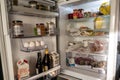 Opened and filled refrigerator in kitchen