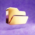 Opened Folder icon. Gold glossy Opened Folder symbol isolated on violet velvet background.