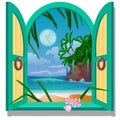 Opened frame window with a view of sandy beach of the sea coast by moonlight. Vector close-up cartoon illustration. Royalty Free Stock Photo