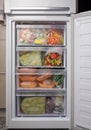 Opened freezer refrigerator with frozen meal