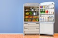 Opened fridge with food in interior, 3D rendering