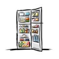 Opened fridge full of food, sketch for your design