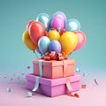 opened gift box balloons, 3d clay illustration and gradient background, Generated AI