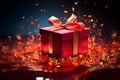 Opened gift box in fiery red, glimmers with captivating sparkles. Unwrapping magic.