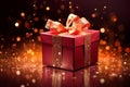 Opened gift box in fiery red, glimmers with captivating sparkles. Unwrapping magic.