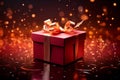 Opened gift box in fiery red, glimmers with captivating sparkles. Unwrapping magic.