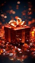 Opened gift box in fiery red, glimmers with captivating sparkles. Unwrapping magic.