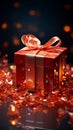 Opened gift box in fiery red, glimmers with captivating sparkles. Unwrapping magic.