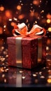 Opened gift box in fiery red, glimmers with captivating sparkles. Unwrapping magic.