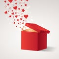 Opened gift box with flying hearts and stars Royalty Free Stock Photo