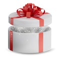 Opened Gift white box in a red ribbon and bow on top. Holiday, gift round box with sparkles inside. Vector illustration Royalty Free Stock Photo