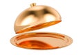 Opened Golden Restaurant Cloche, 3D rendering Royalty Free Stock Photo