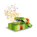 Opened green gift box with red bow and confetti isolated on white background. Collection for Birthday, Christmas. Vector Royalty Free Stock Photo