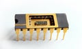 Opened IC with chip inside on the white background