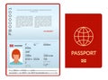 Opened international passport template with red cover Royalty Free Stock Photo