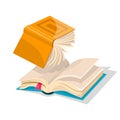 Opened inverted yellow book falling down to blue another. Vector cartoon illustration.