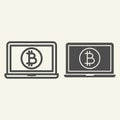 Opened laptop with bitcoin coin line and glyph icon. Crypto coin on notebook vector illustration isolated on white